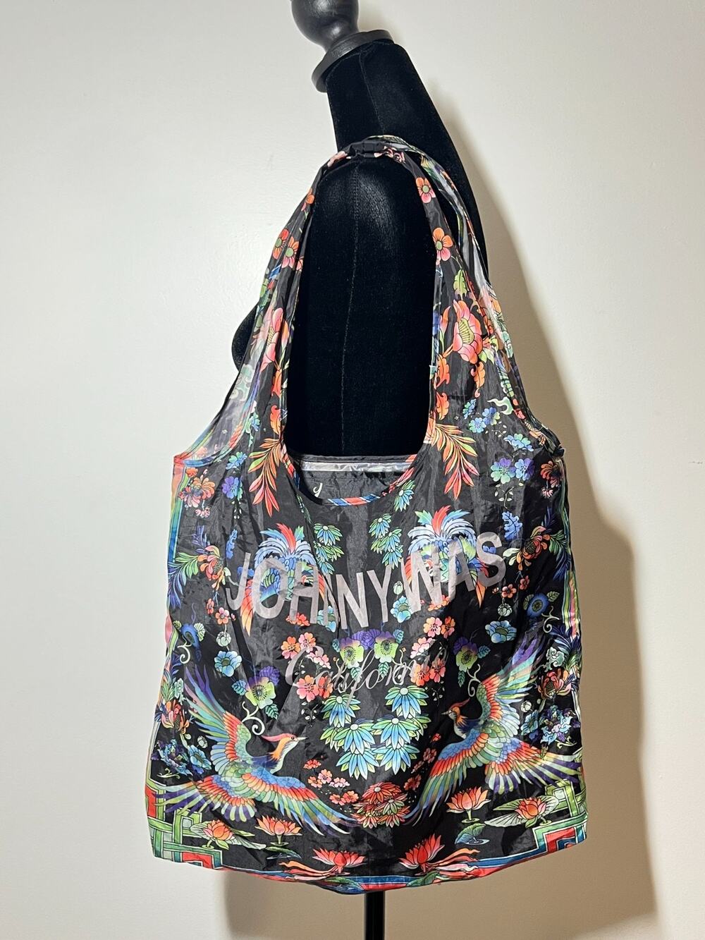 Johnny Was EUC Black Multi Tropical Flower Bird Nylon Reusable Shopper Tote Bag